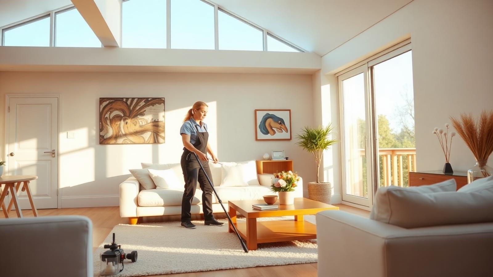 Professional cleaner tidying a bright Cincinnati living room
