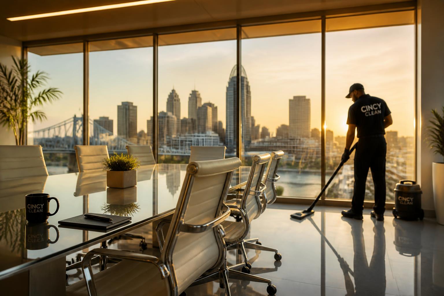 Spotless modern Cincinnati office with skyline view